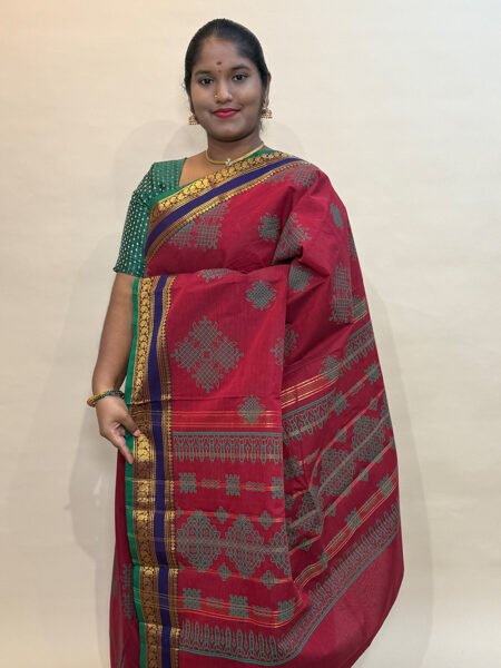 Chettinad Cotton Prints In Maroon With Traditional Border