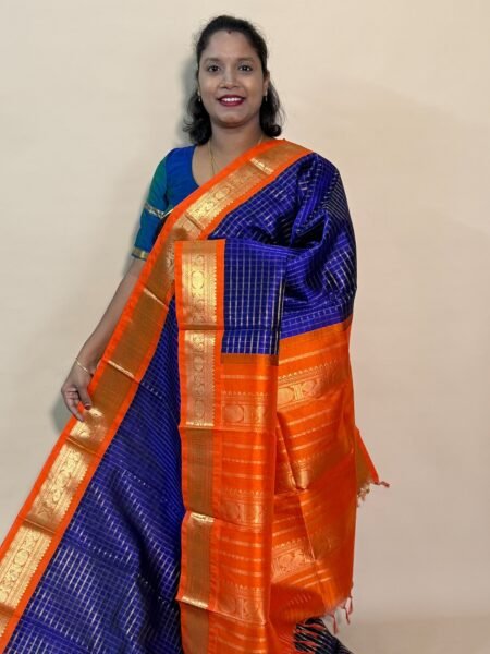 Silk Cotton Korvai Muthu Kattam In Violet And Orange With Traditional Border