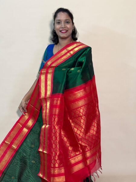 Silk Cotton Korvai Rettapet In Green And Red With Traditional Border