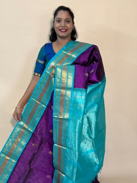 Silk Cotton Korvai Triple Tone In Magentha And Teal With Traditional Border