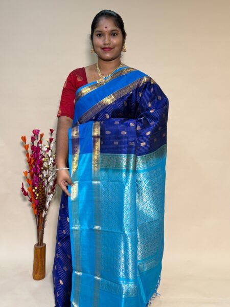 Traditional Silk Cotton Saree In Violet and CS Blue With Rettapet Border