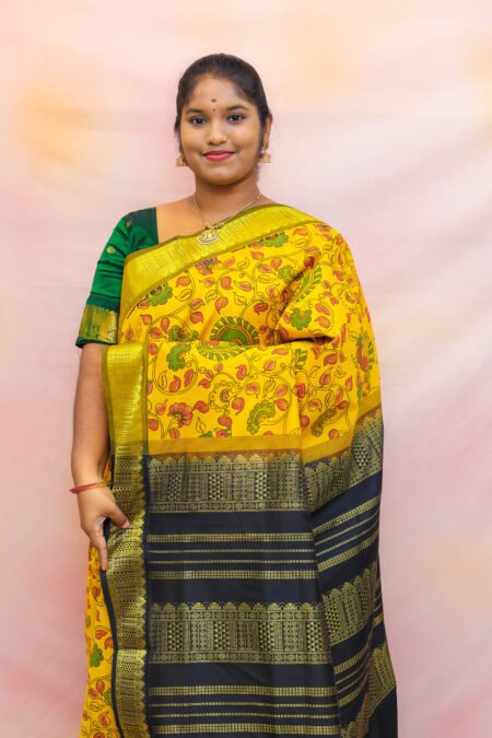 Semi Silk Cotton Kalamkari Prints In Mustard And Black With Traditional Border