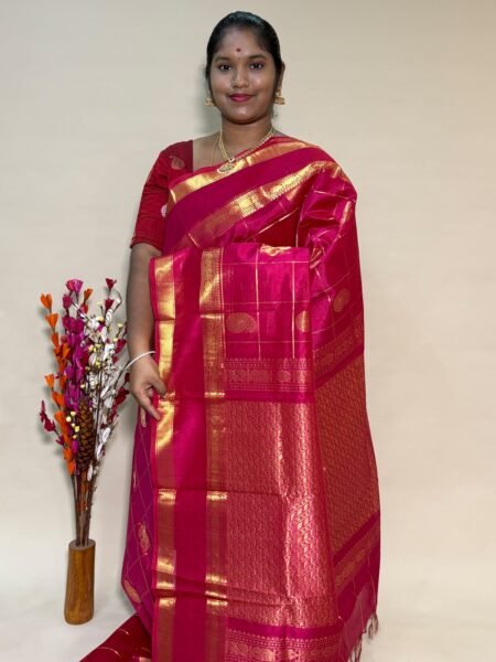 Traditional Silk Cotton Saree In Rani Pink With Rettapet Border