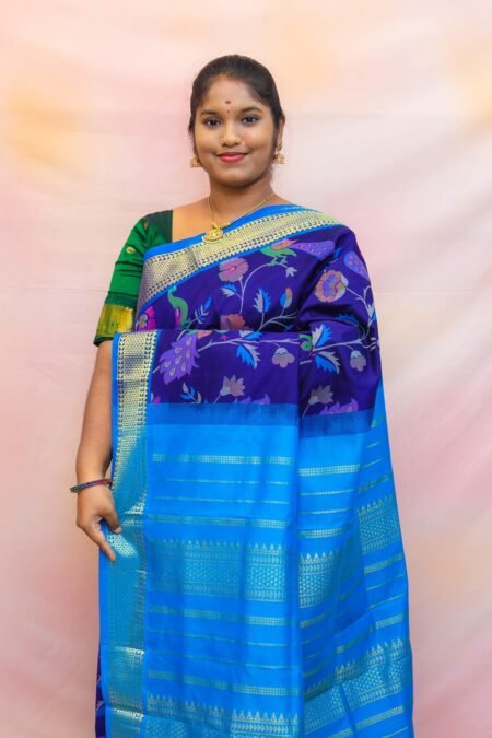 Semi Silk Cotton Kalamkari Prints In Navy Blue And CS Blue With Traditional Border