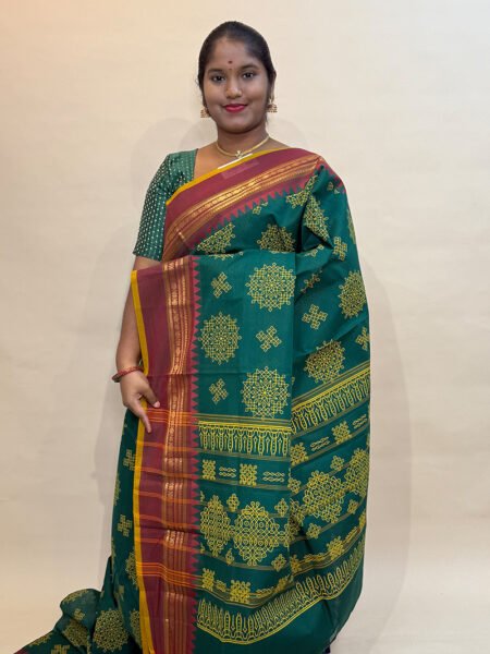 Chettinad Cotton Prints In Green With Traditional Border