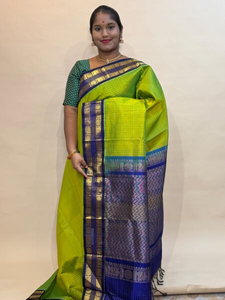 Silk Cotton Korvai Zari Kattam In Sneha Green And Violet With Traditional Border