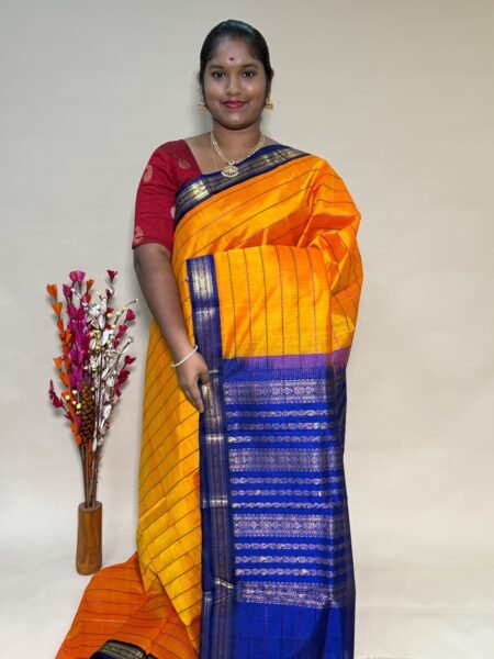 Kuppadam Silk Cotton Veldhari In Mango Yellow And Violet With Traditional Border