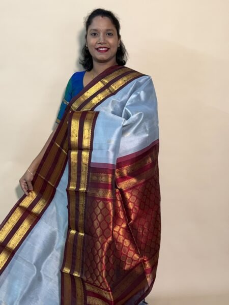 Silk Cotton Korvai Rettapet In Grey And Arakku With Traditional Border
