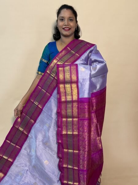 Silk Cotton Korvai Triple Tone In Lilac And Vadamalli With Traditional Border
