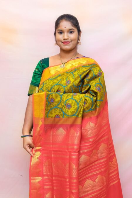 Semi Silk Cotton Kalamkari Prints In Sampanga And Red With Traditional Border