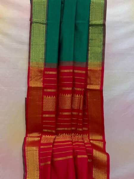 Madisar Semi Silk Cotton In Green And Red With Traditional Border