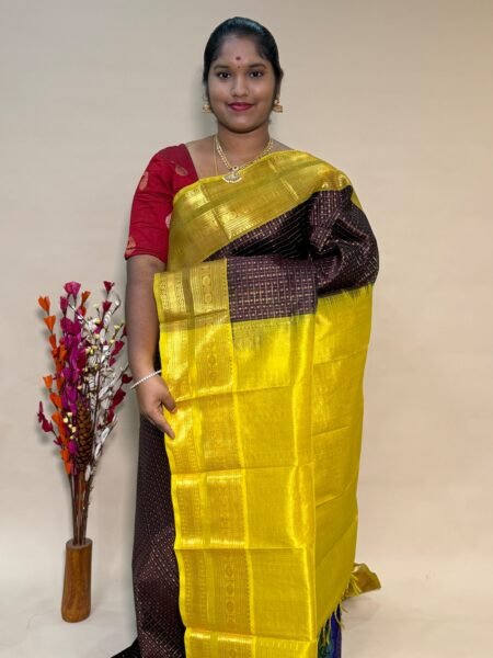 Traditional Silk Cotton Lakshadeepam In Coffee Brown and Lemon Yellow With Traditional Border