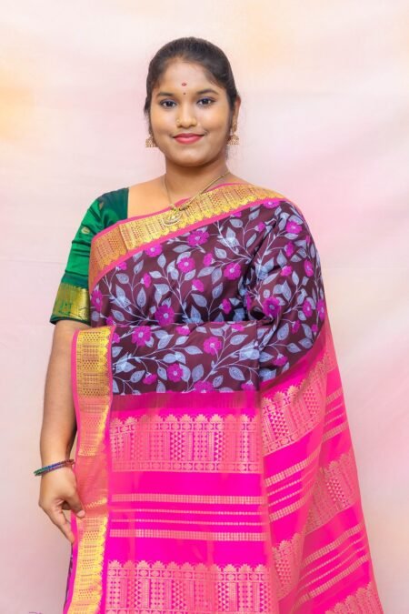 Semi Silk Cotton Kalamkari Prints In Brown And Pink With Traditional Border