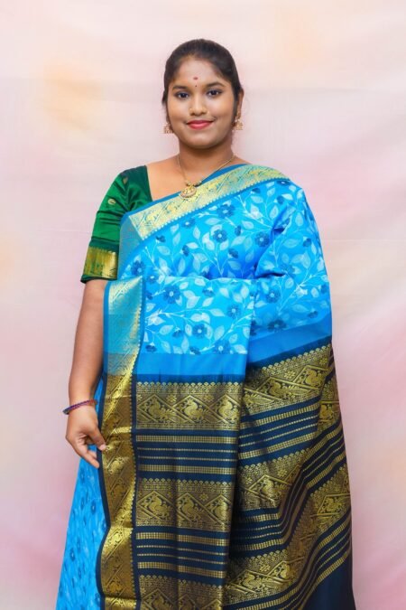 Semi Silk Cotton Kalamkari Prints In CS Blue And Black With Traditional Border