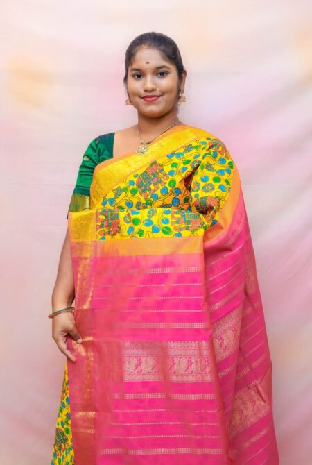 Semi Silk Cotton Kalamkari Prints In Mango Yellow And Pink With Traditional Border