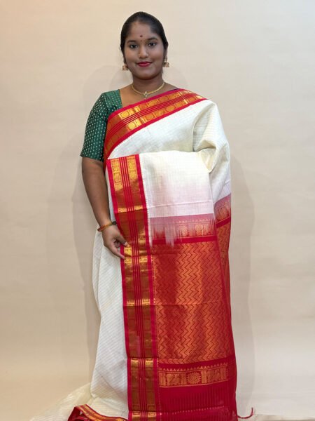 Silk Cotton Korvai Zari Kattam In Half White And Red With Traditional Border