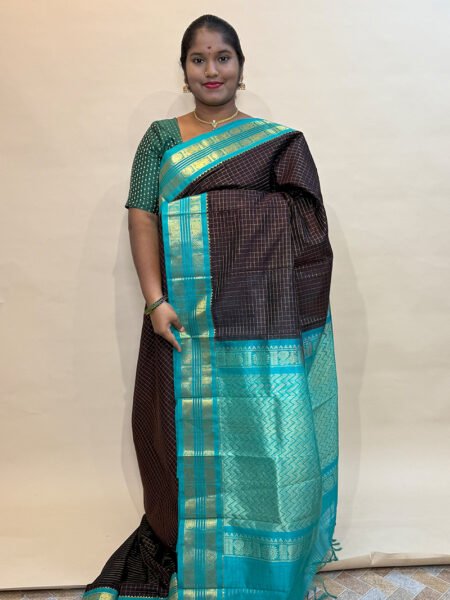 Silk Cotton Korvai Zari Kattam In Coffee Brown And Sunset Orange With Traditional Border