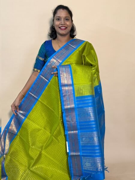 Silk Cotton Korvai Muthu Kattam In Olive Green And CS Blue With Traditional Border