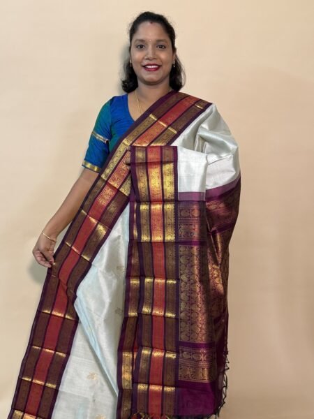 Silk Cotton Korvai Triple Tone In Tussar And Brown With Traditional Border