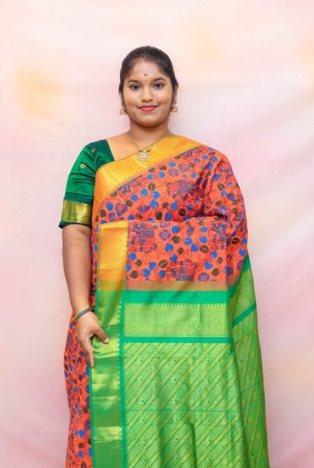Semi Silk Cotton Kalamkari Prints In Rust Orange And Green With Traditional Border