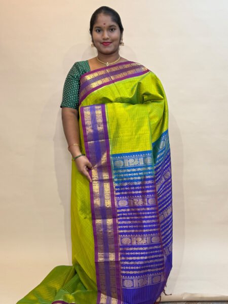 Silk Cotton Korvai Zari Kattam In Sneha Green And Dual Shaded Violet With Traditional Border