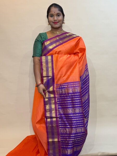 Silk Cotton Korvai Zari Kattam In Peach Orange And Dual Shaded Violet With Traditional Border