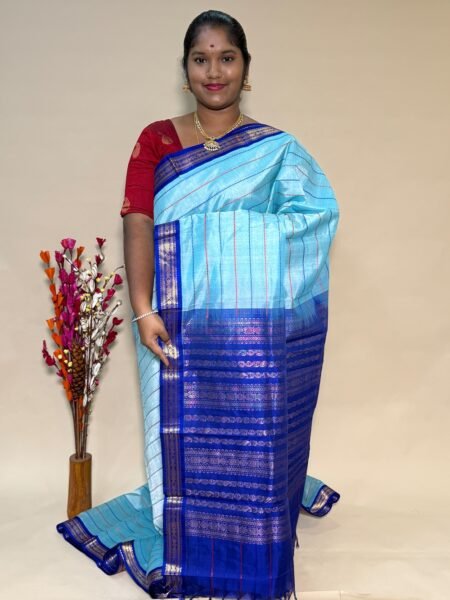 Kuppadam Silk Cotton Veldhari In Powder Blue And Violet With Traditional Border