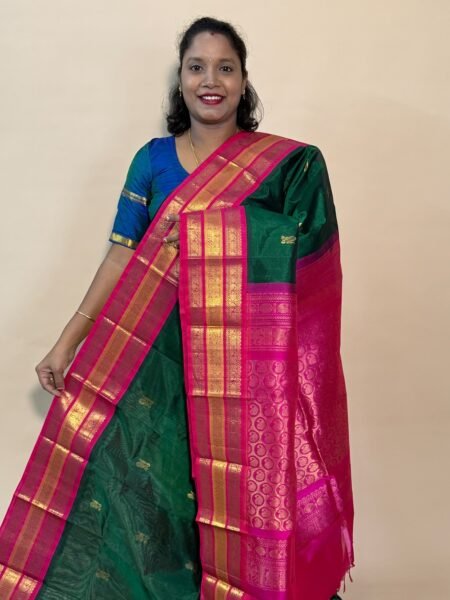Silk Cotton Korvai Triple Tone In Green And Pink With Traditional Border