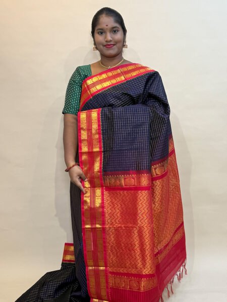Silk Cotton Korvai Zari Kattam In Navy Blue And Red With Traditional Border