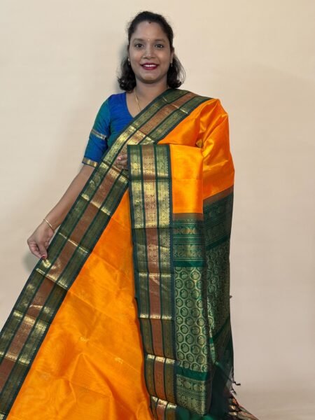 Silk Cotton Korvai Triple Tone In Mango Yellow And Green With Traditional Border