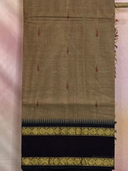 Kanchi Cotton Saree In Dark Beige With Traditional Border