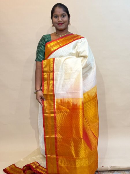 Silk Cotton Korvai Zari Kattam In Half White And Sunset Orange With Traditional Border