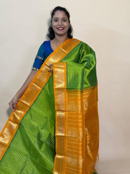 Silk Cotton Korvai Muthu Kattam In Sneha Green And Mustard With Traditional Border