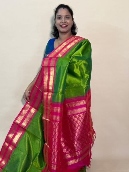 Silk Cotton Korvai Rettapet In Olive Green And Pink With Traditional Border
