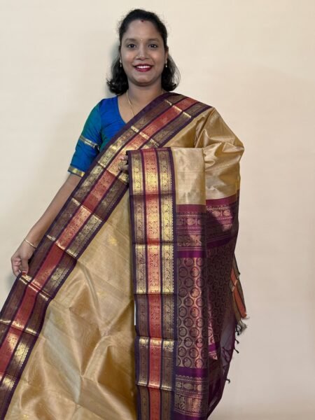 Silk Cotton Korvai Triple Tone In Beige And Brown With Traditional Border