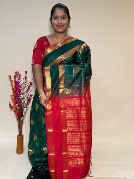 Traditional Silk Cotton Saree In Green and Red With Rettapet Border