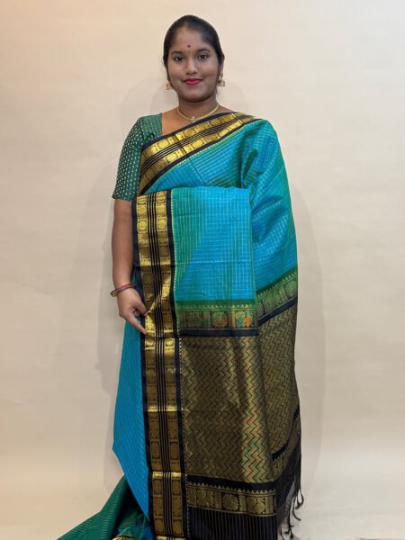 Silk Cotton Korvai Zari Kattam In Teal And Black With Traditional Border