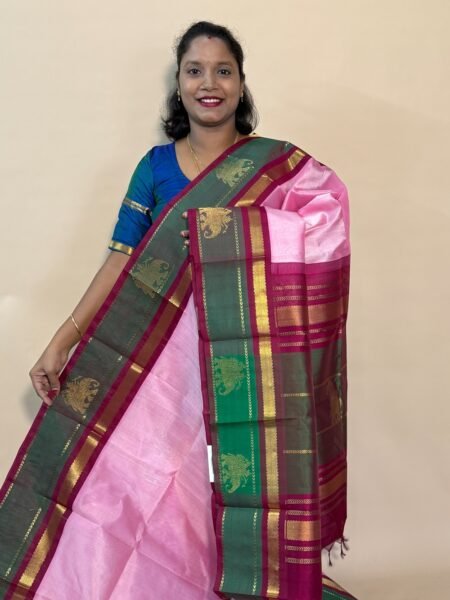 Silk Cotton Korvai Side Buttas In Baby Pink And Kunguma Maroon With Traditional Border