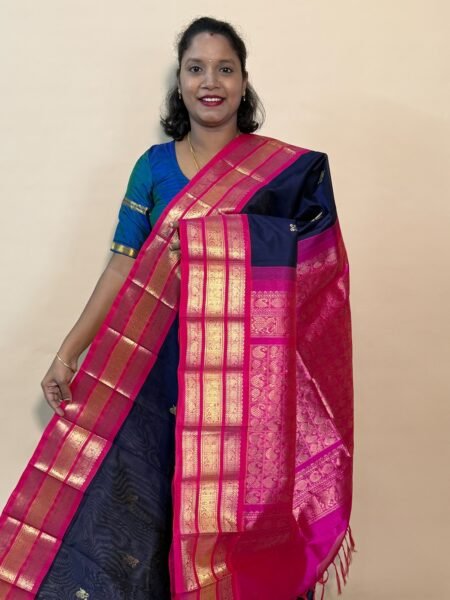 Silk Cotton Korvai Triple Tone In Navy Blue And Pink With Traditional Border