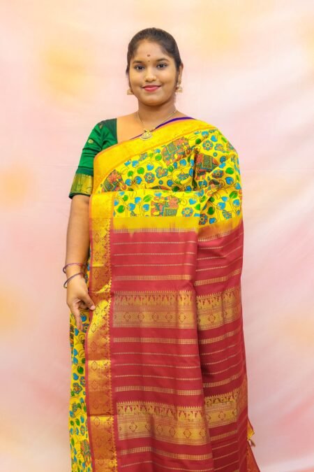 Semi Silk Cotton Kalamkari Prints In Mustard And Maroon With Traditional Border