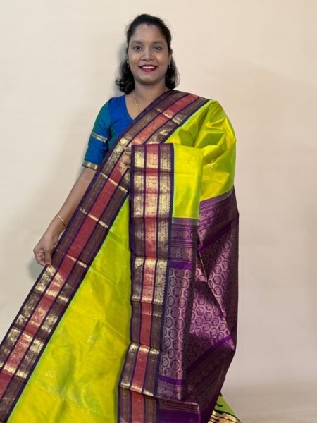 Silk Cotton Korvai Triple Tone In Sneha Green And Wine With Traditional Border