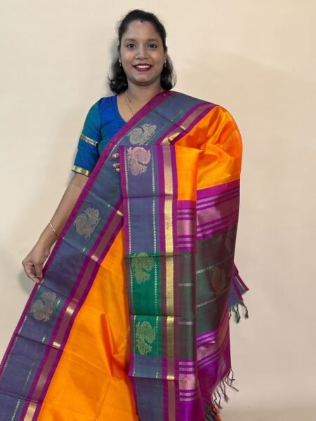 Silk Cotton Korvai Side Buttas In Mango Yellow And Vadamalli With Traditional Border