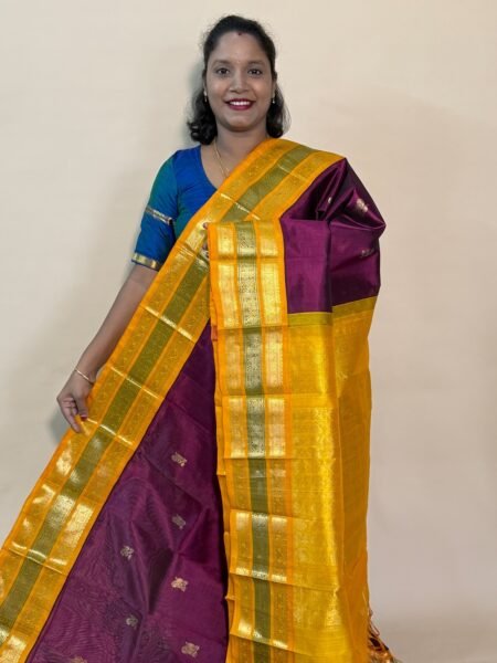 Silk Cotton Korvai Triple Tone In Arakku And Mustard With Traditional Border