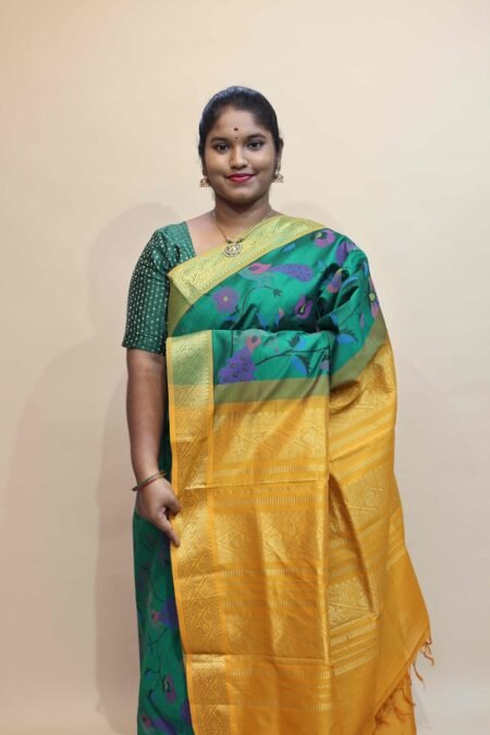 Semi Silk Cotton Kalamkari Prints In Green And Mustard With Traditional Border
