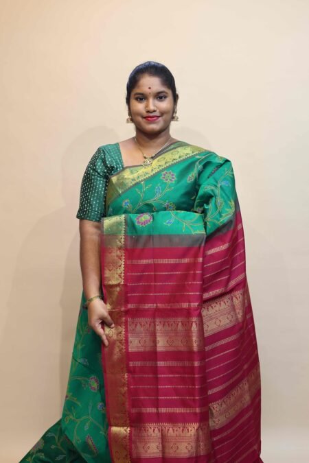 Semi Silk Cotton Kalamkari Prints In Green And Maroon With Traditional Border
