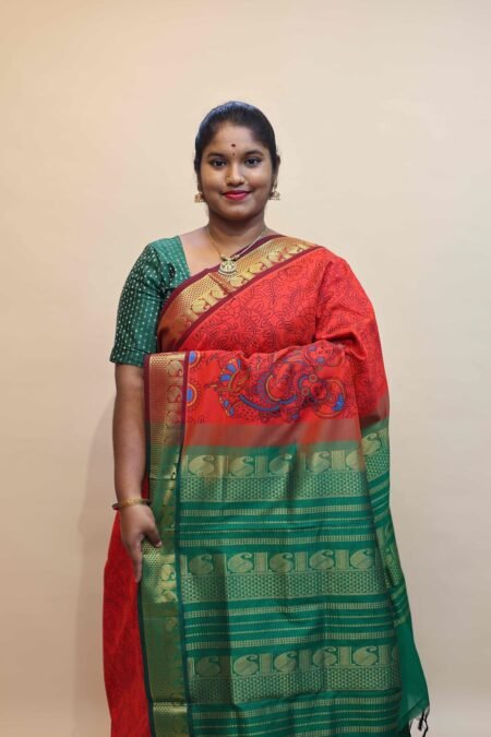 Semi Silk Cotton Kalamkari Prints In Dark Orange And Green With Traditional Border