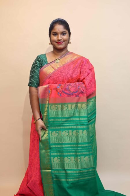 Semi Silk Cotton Kalamkari Prints In Dual Shaded Pink And Green With Traditional Border