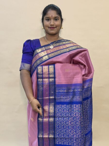 Silk Cotton Korvai Triple Tone In Onion Pink And Violet With Traditional Border
