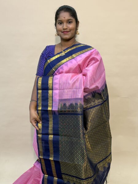 Silk Cotton Korvai Kattam Buttas In Baby Pink And Navy Blue With Traditional Rettapet Border