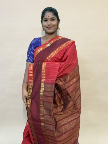 Kalkshetra Semi Silk Cotton Saree In Red And Maroon With Traditional Border